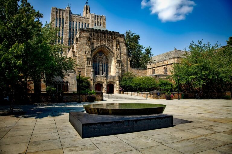 Entrance of the Sterling Memorial Library at Yale University, featuring gothic architecture and lush surroundings.