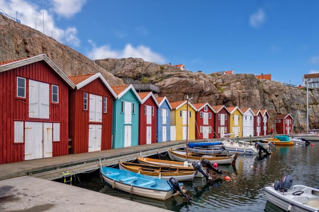fisherman's hut, hut, house, woodhouse, sweden house, boats, water, sea, lake, rock, stony, nature, scandinavia